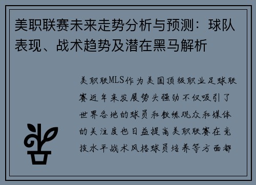 美职联赛未来走势分析与预测：球队表现、战术趋势及潜在黑马解析